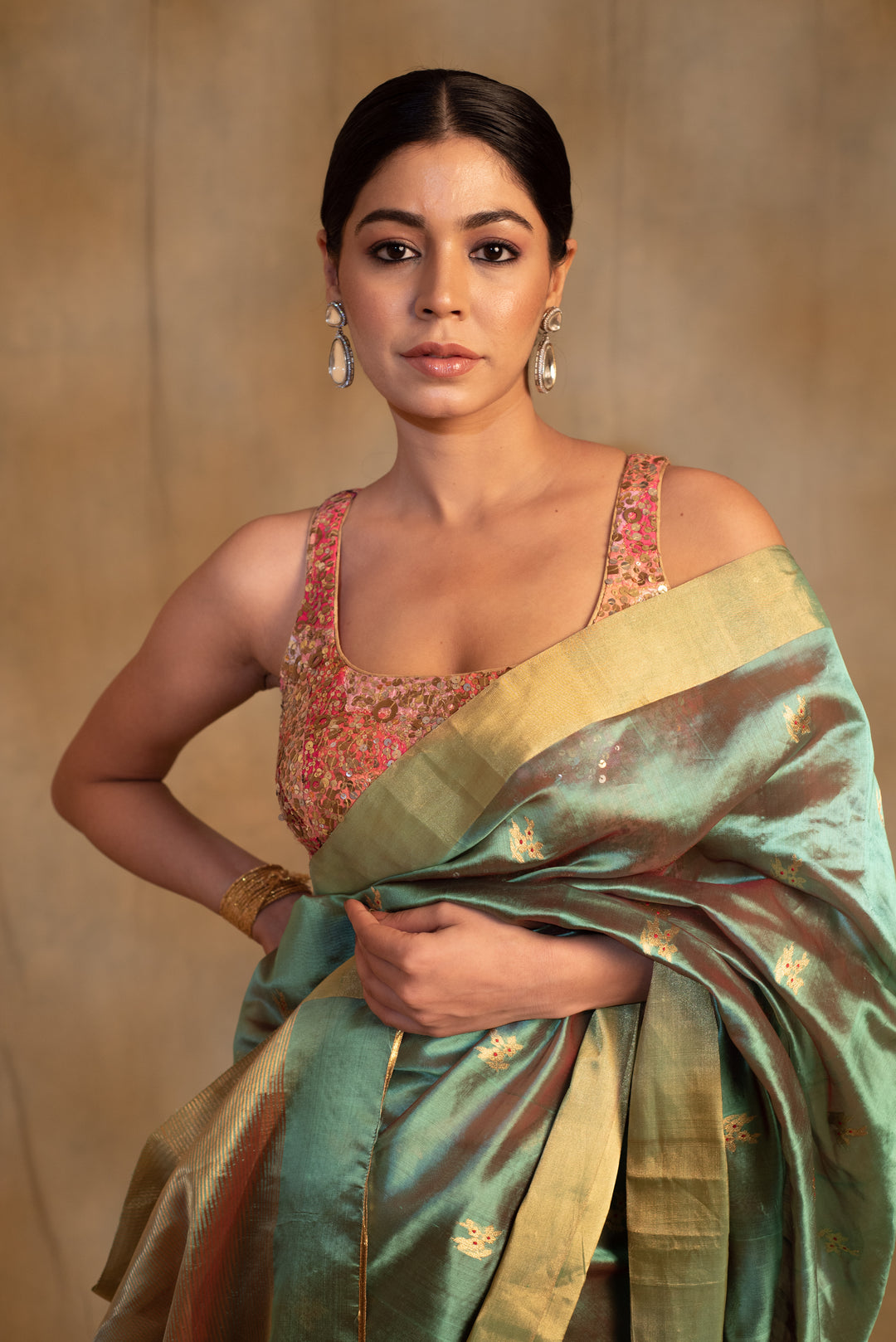 Harela- Sea Green Silk Chanderi Tissue Saree