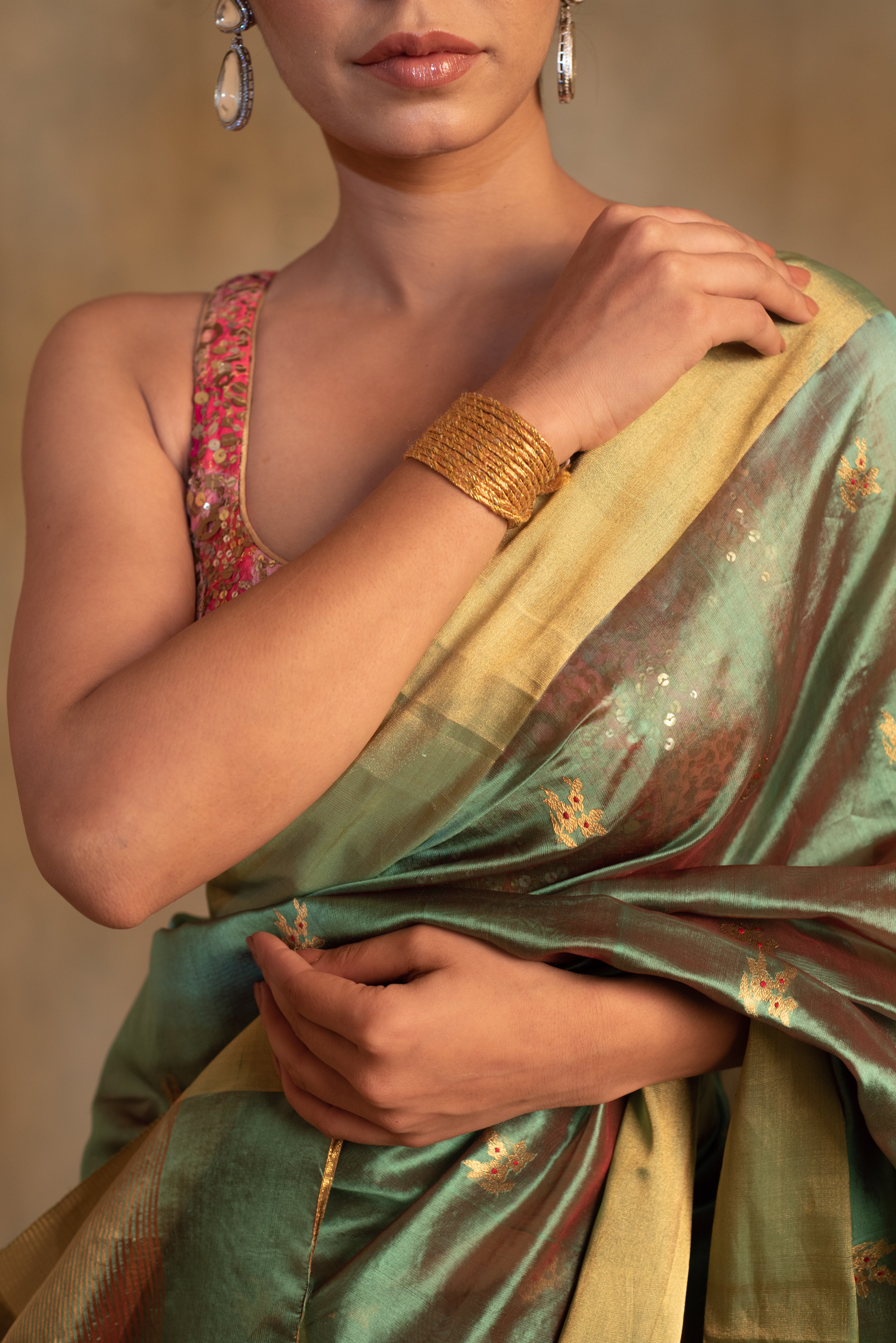 Harela- Sea Green Silk Chanderi Tissue Saree