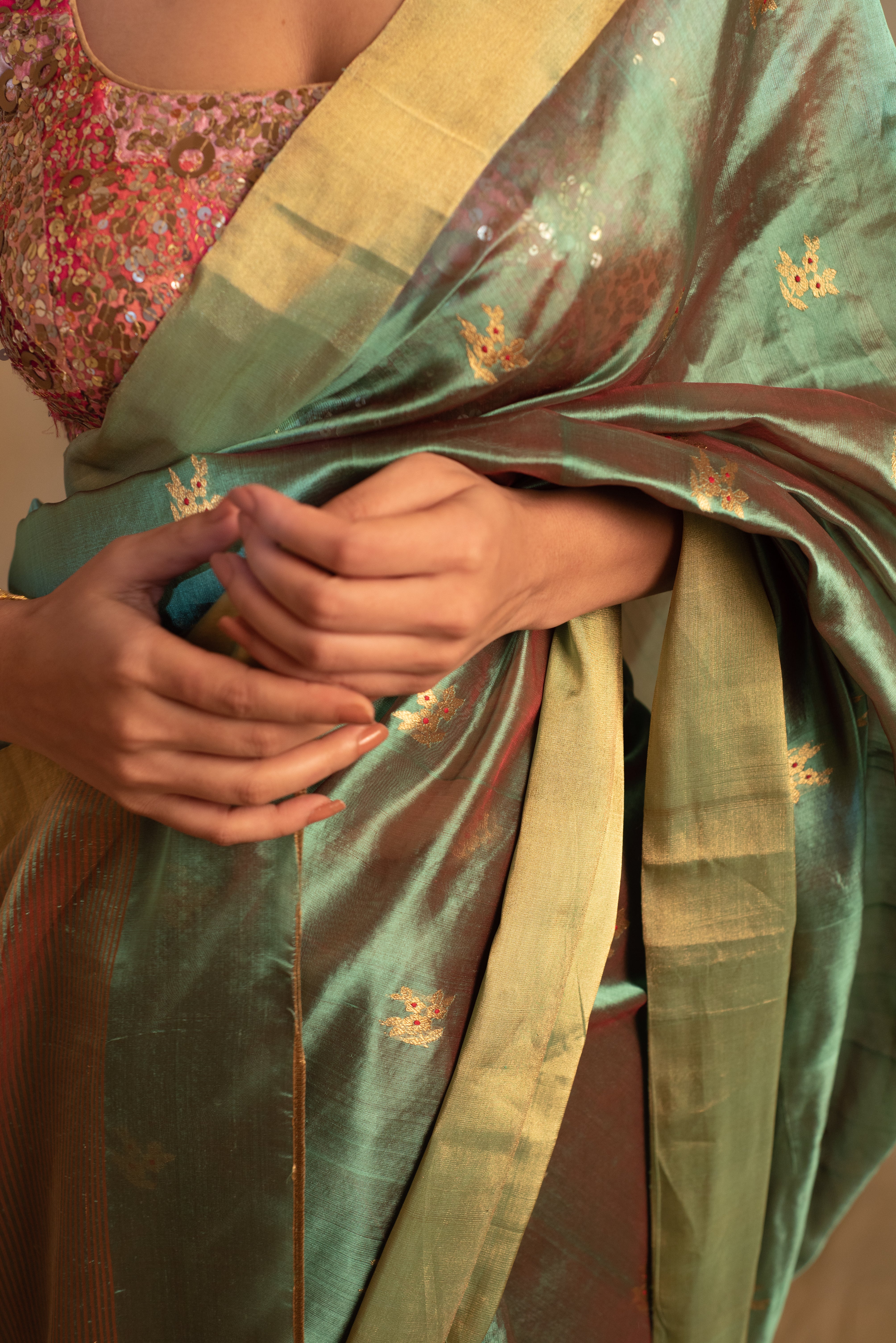 Harela- Sea Green Silk Chanderi Tissue Saree