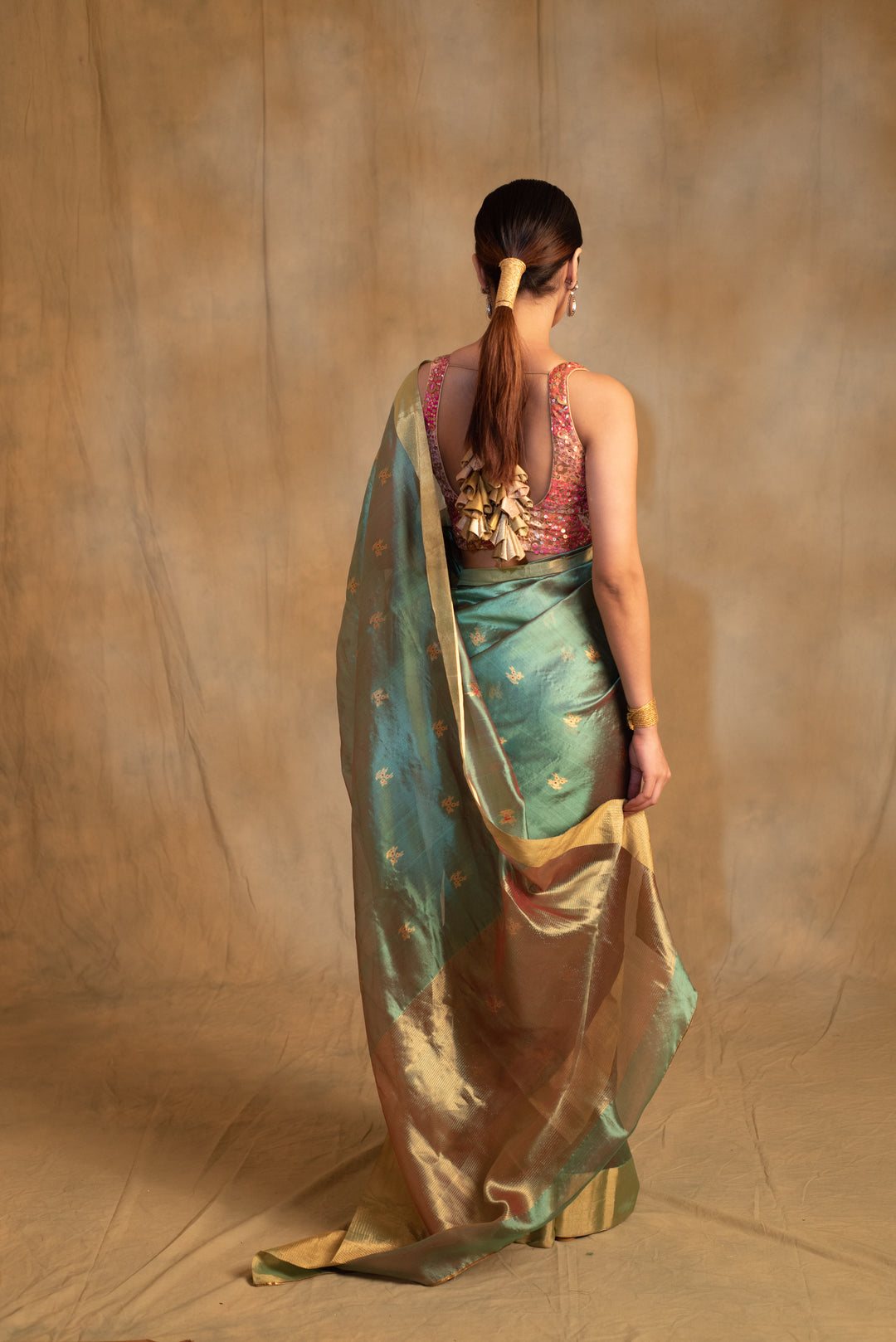 Harela- Sea Green Silk Chanderi Tissue Saree