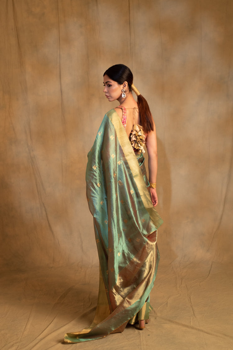 Harela- Sea Green Silk Chanderi Tissue Saree