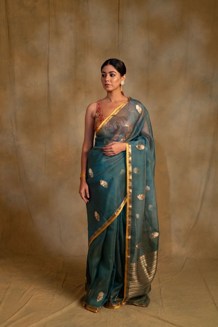 Ugadi- Teal Silk Banarasi Saree