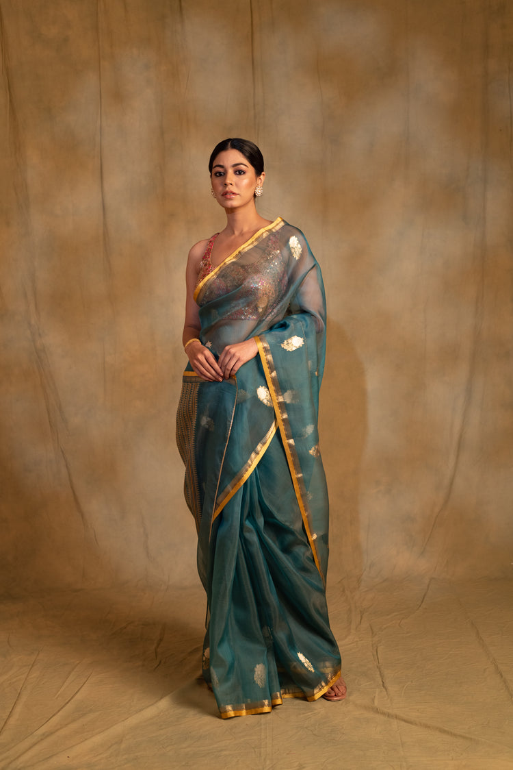 Ugadi- Teal Silk Banarasi Saree