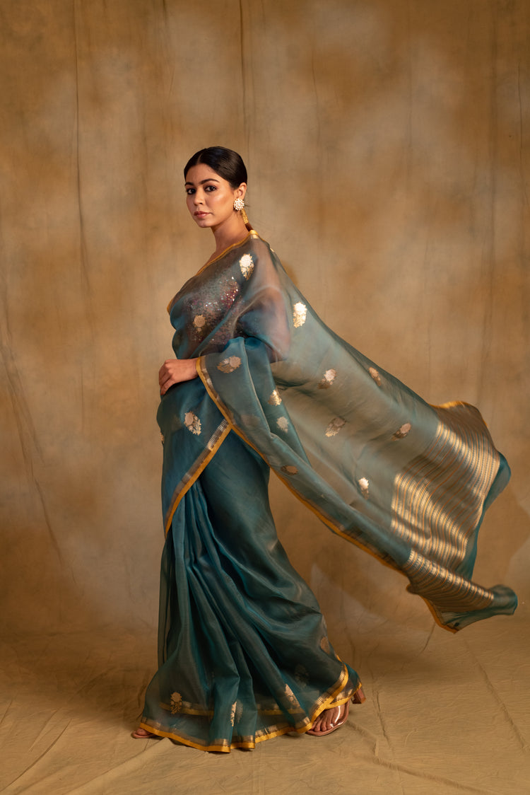 Ugadi- Teal Silk Banarasi Saree