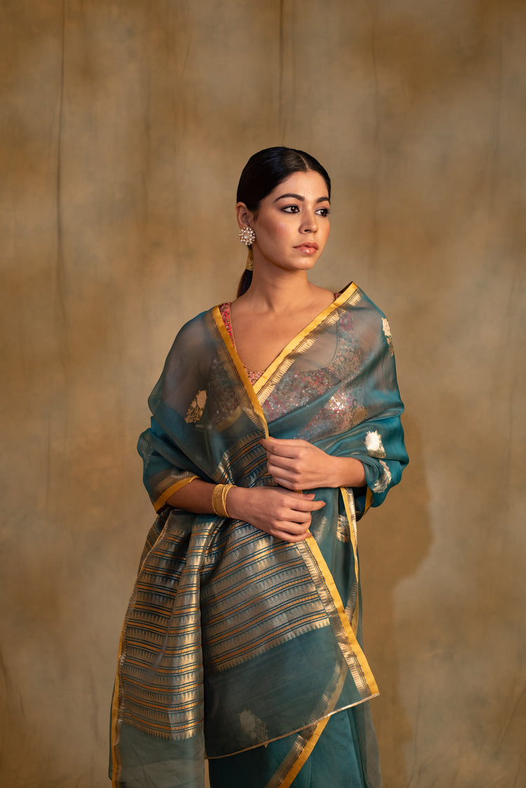 Ugadi- Teal Silk Banarasi Saree