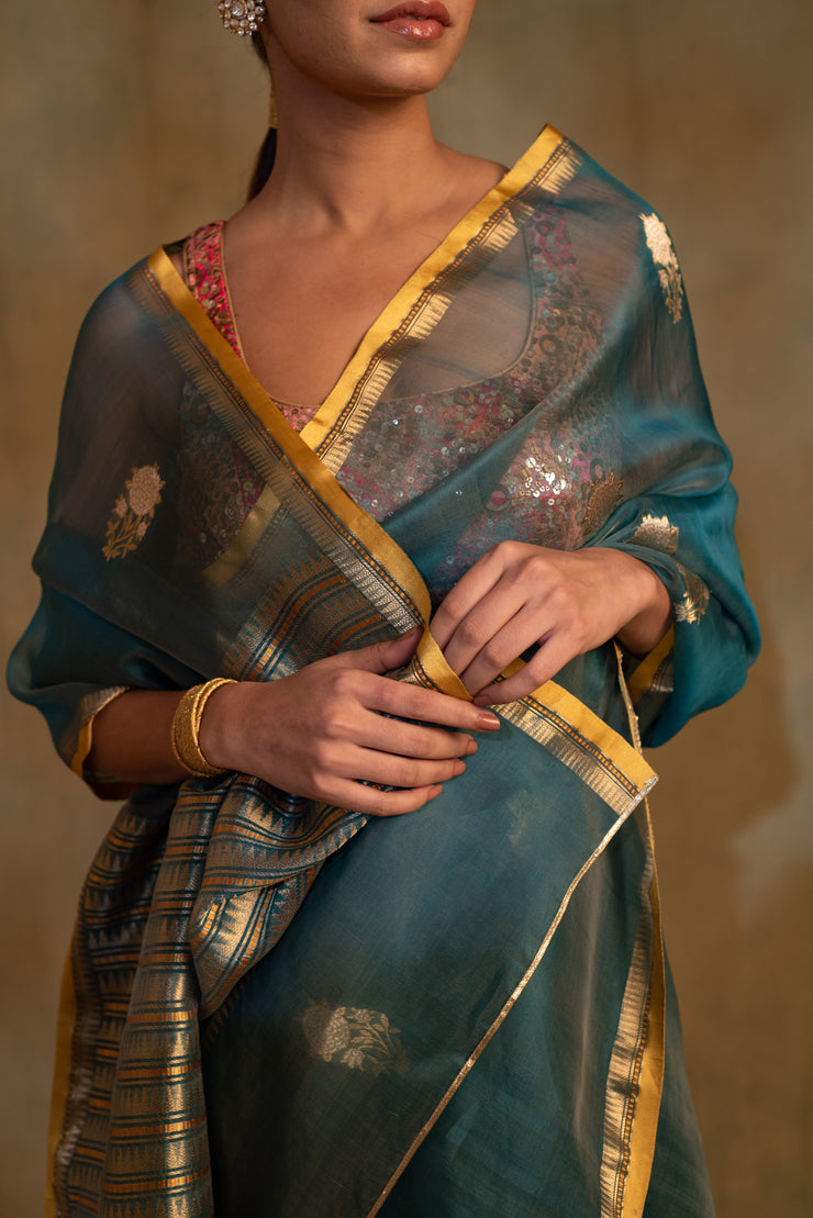 Ugadi- Teal Silk Banarasi Saree
