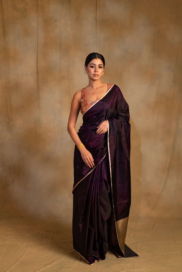 Shashthi- Deep Purple Silk Mashru Saree