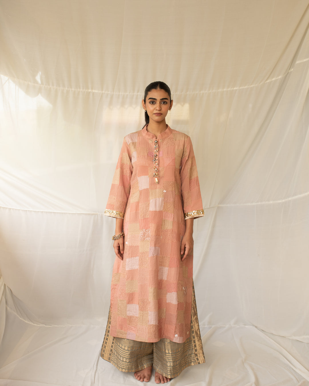 Sansruti - Salmon Pink Upcycled Patchwork Kurta and Pant Set