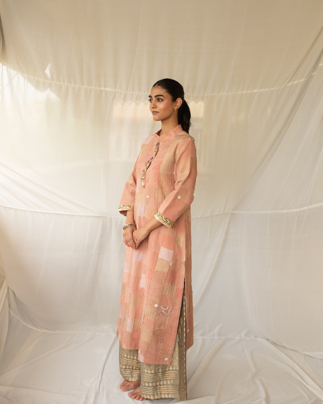 Sansruti - Salmon Pink Upcycled Patchwork Kurta and Pant Set