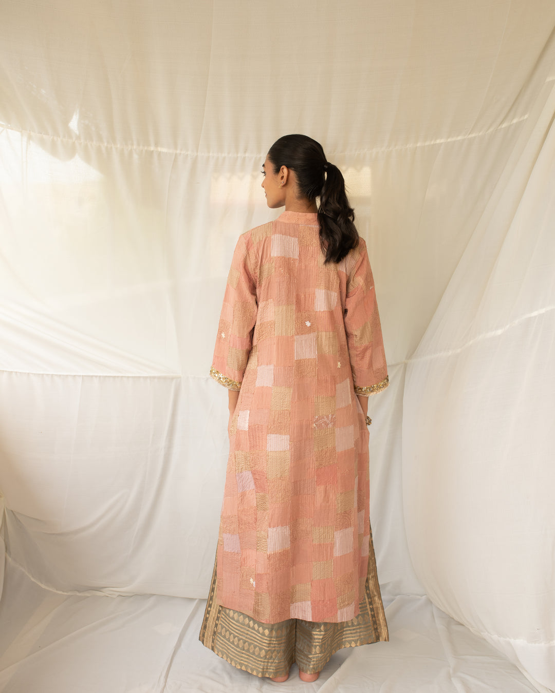 Sansruti - Salmon Pink Upcycled Patchwork Kurta and Pant Set