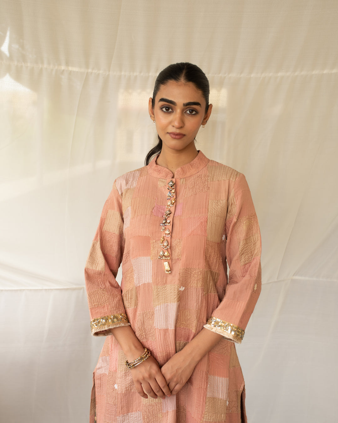 Sansruti - Salmon Pink Upcycled Patchwork Kurta and Pant Set