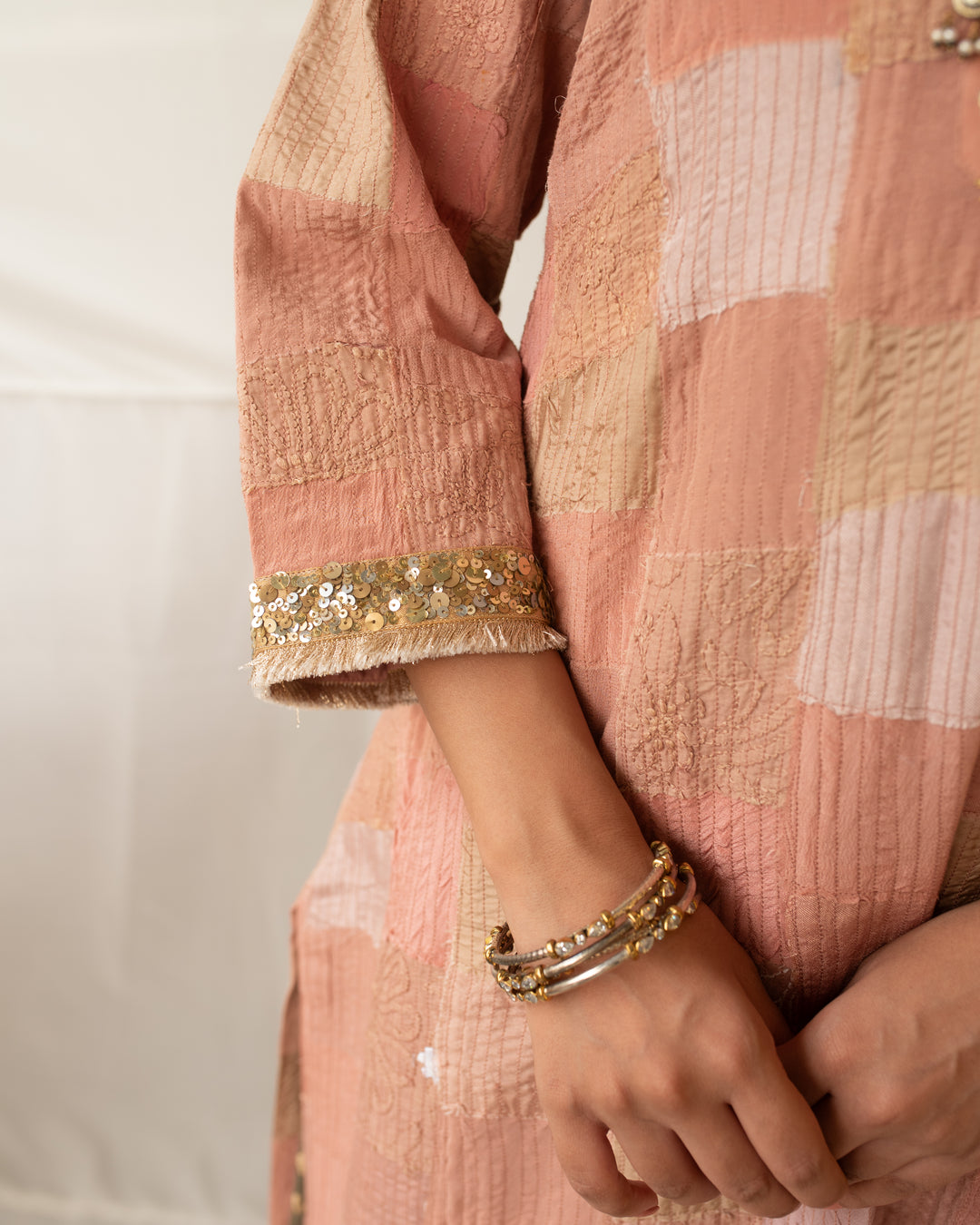 Sansruti - Salmon Pink Upcycled Patchwork Kurta and Pant Set