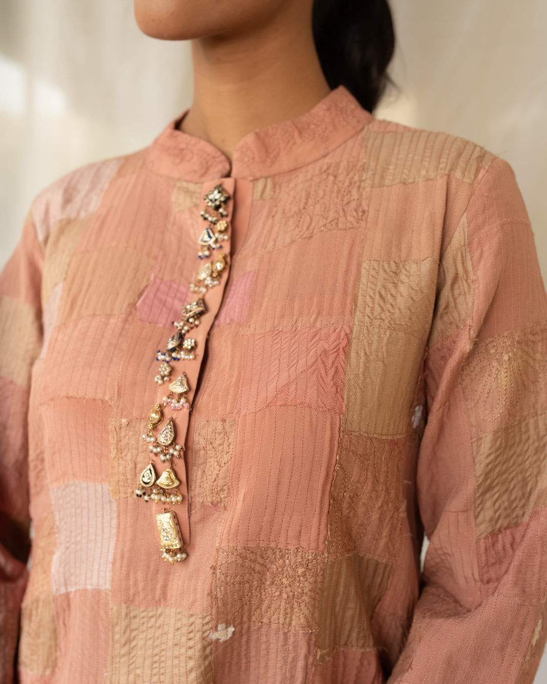 Sansruti - Salmon Pink Upcycled Patchwork Kurta and Pant Set