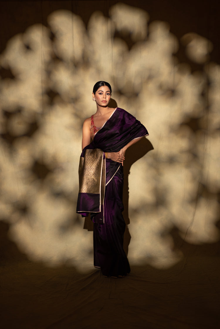 Shashthi- Deep Purple Silk Mashru Saree