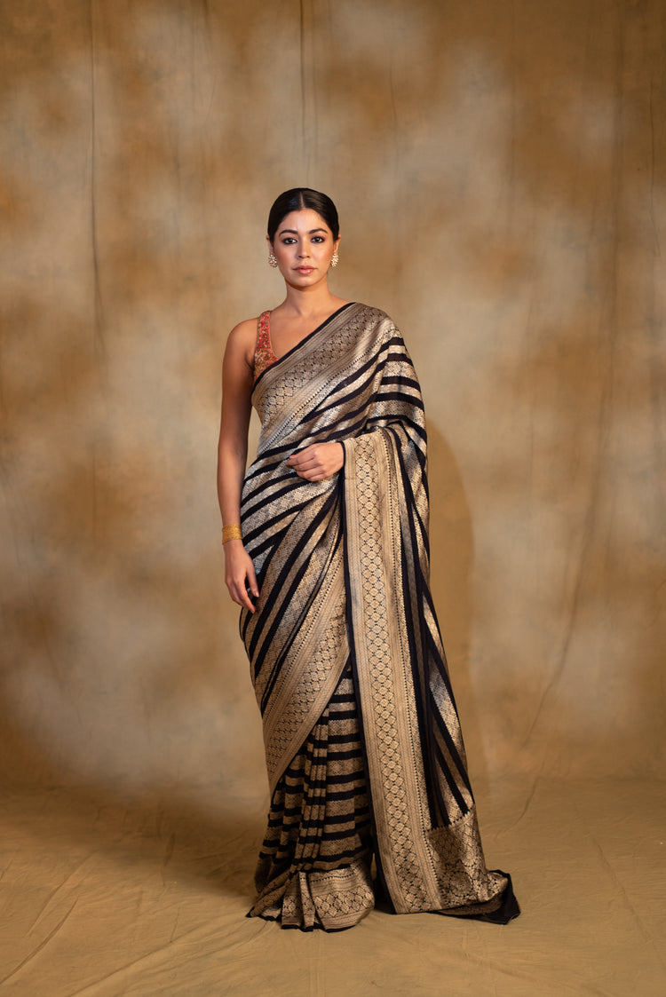 Chaitra- Navy Blue Silk Georgette Banarasi Saree