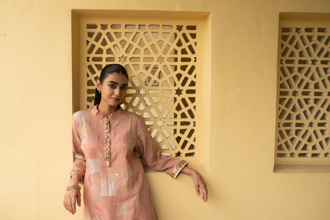 Sansruti - Salmon Pink Upcycled Patchwork Kurta and Pant Set