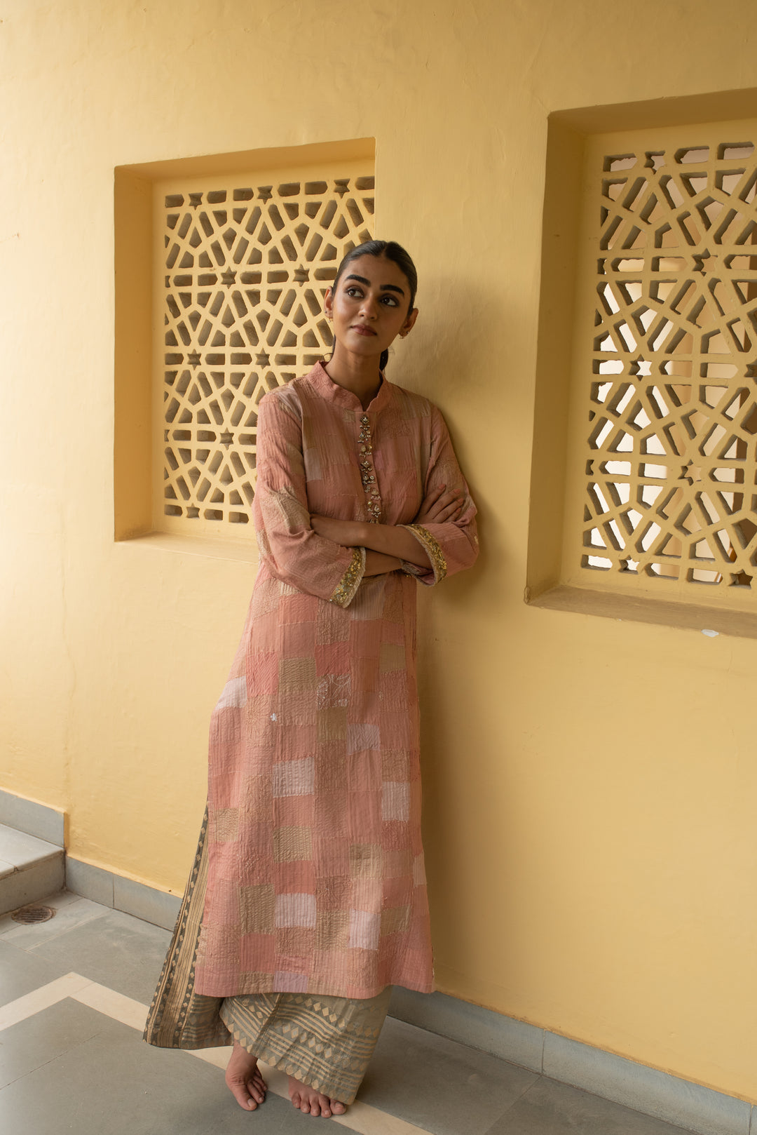 Sansruti - Salmon Pink Upcycled Patchwork Kurta and Pant Set