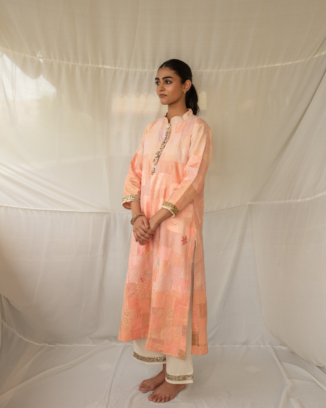 Chayana - Peach Upcycled Patchwork Kurta and Pant Set