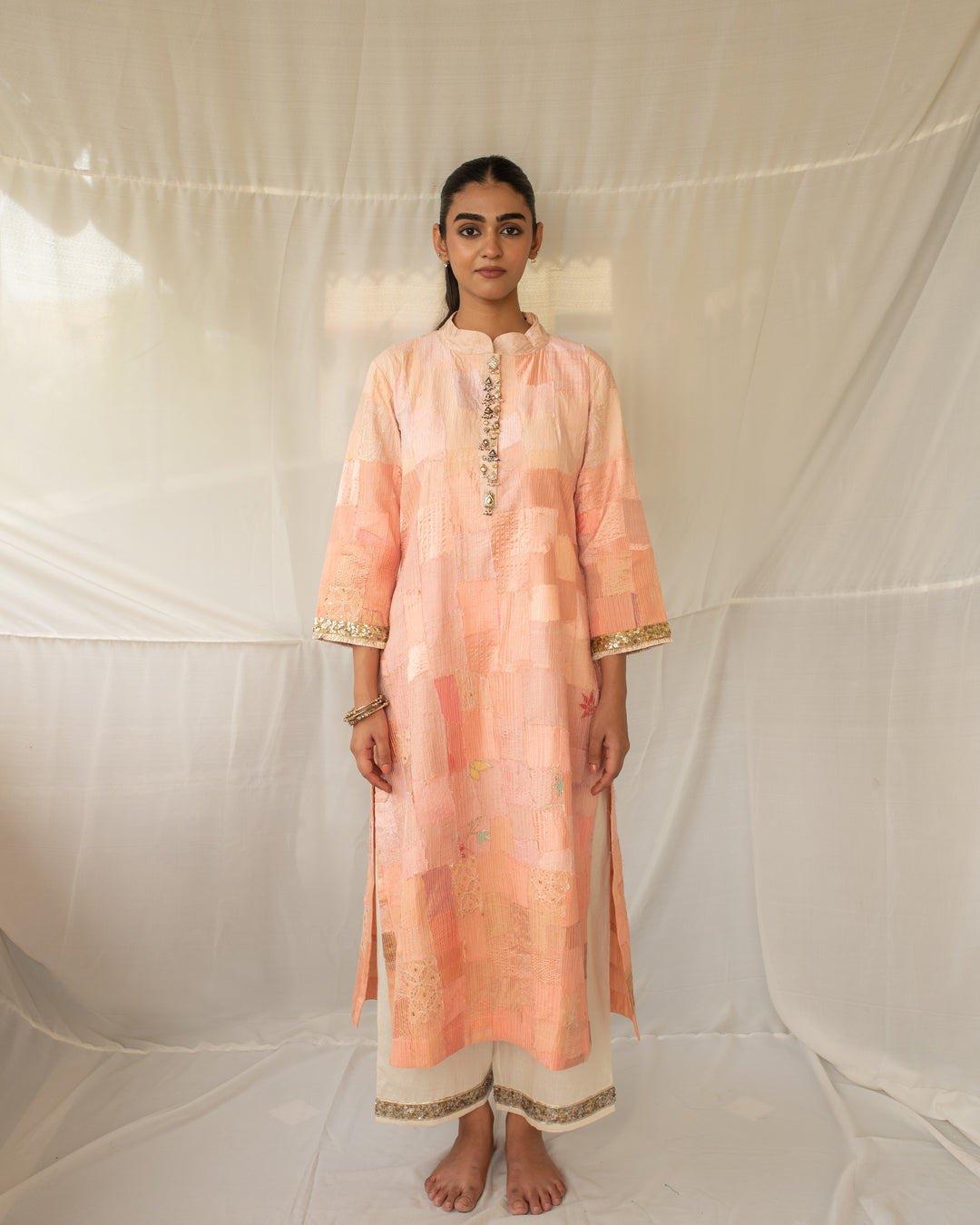 Chayana - Peach Upcycled Patchwork Kurta and Pant Set