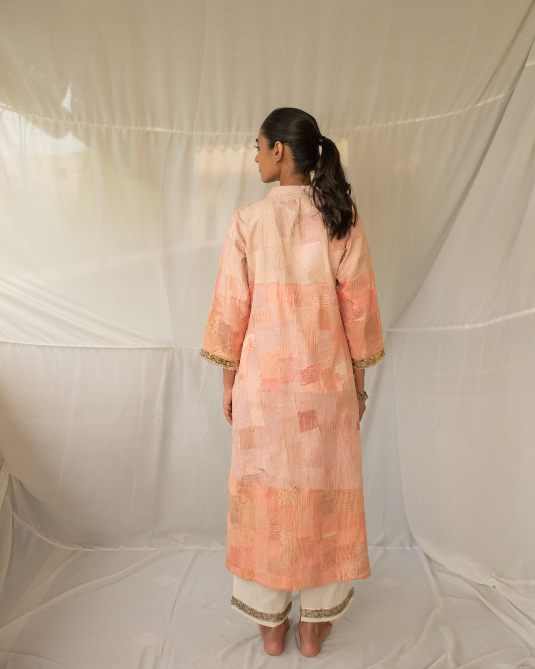 Chayana - Peach Upcycled Patchwork Kurta and Pant Set