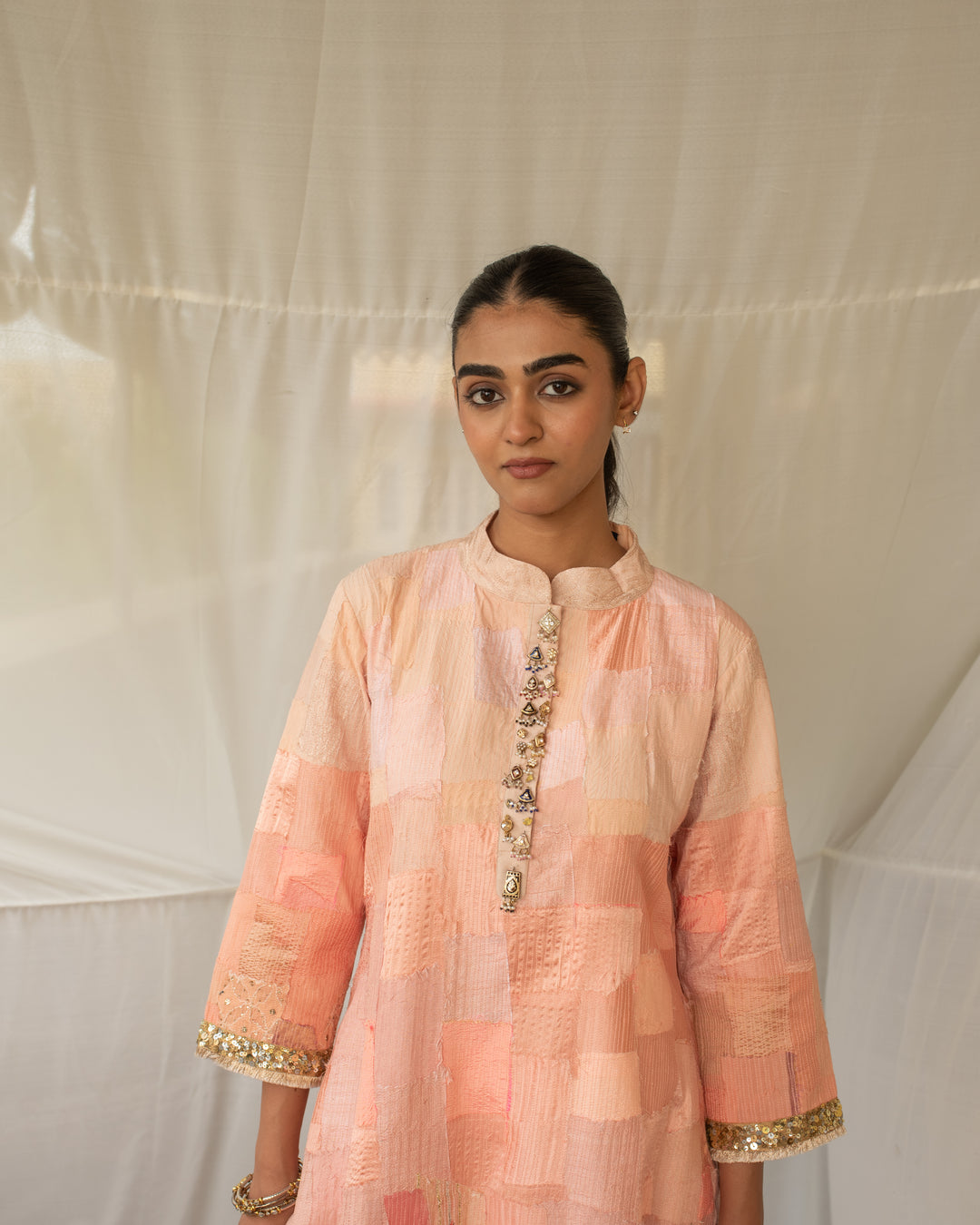 Chayana - Peach Upcycled Patchwork Kurta and Pant Set