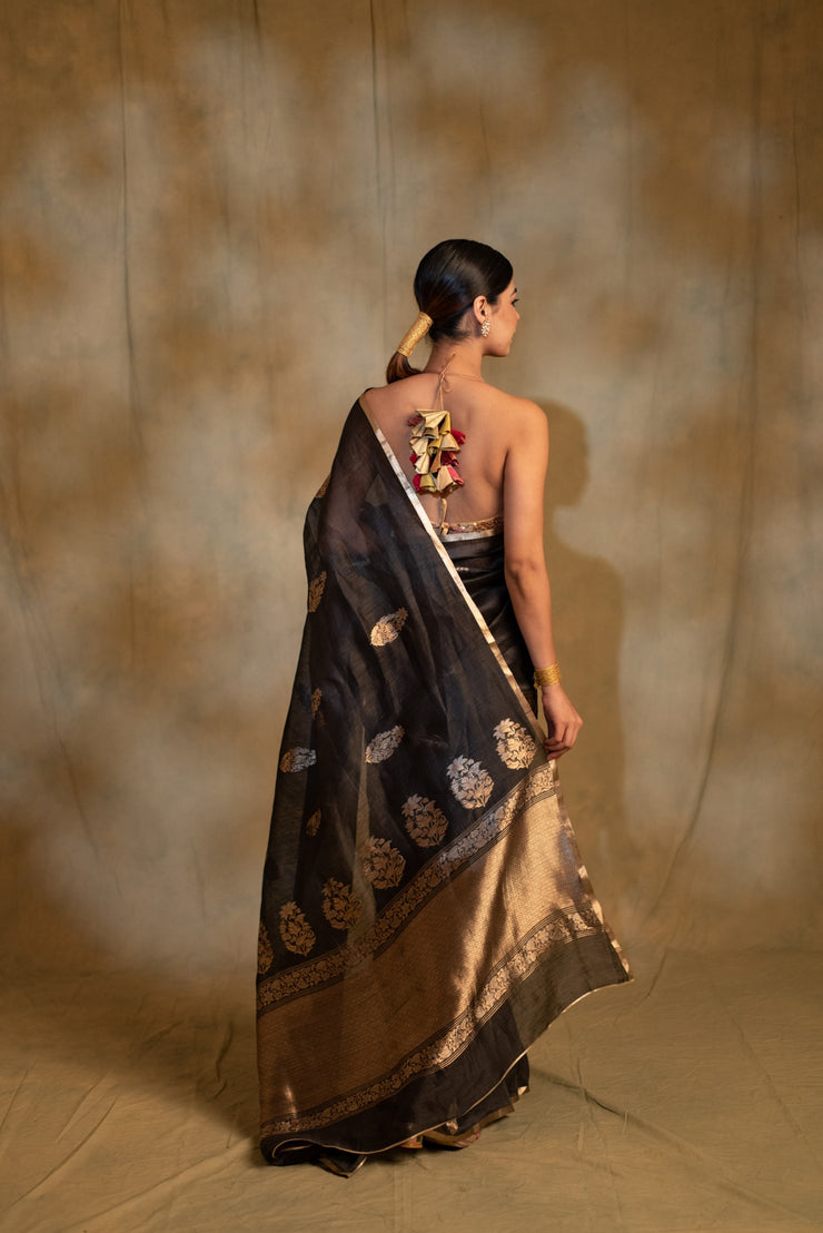 Tritiya- Black Linen -Silk Organza Banarasi Saree
