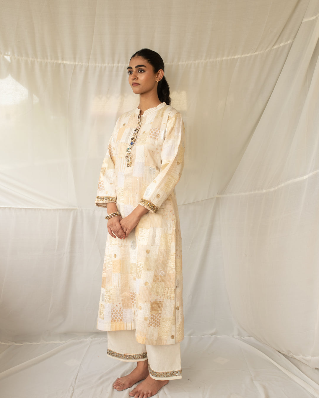 Sattva - Ivory Upcycled Patchwork Kurta and Pant Set