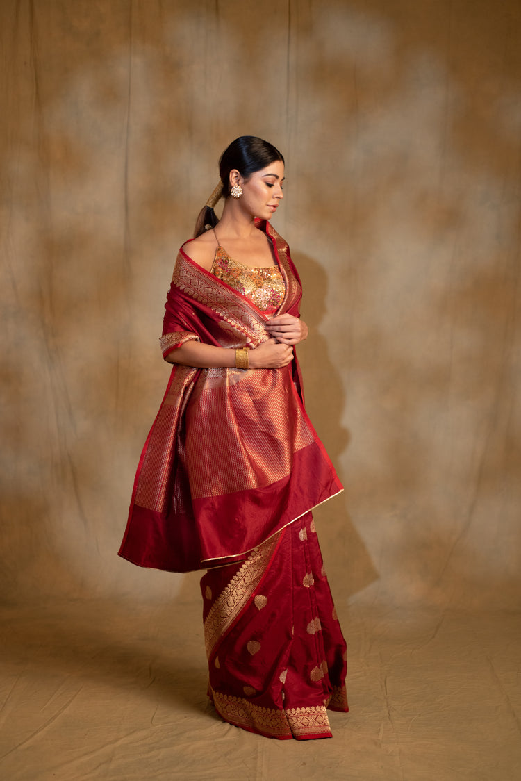 Arshiya- Maroon Silk Brocade Banarasi Saree