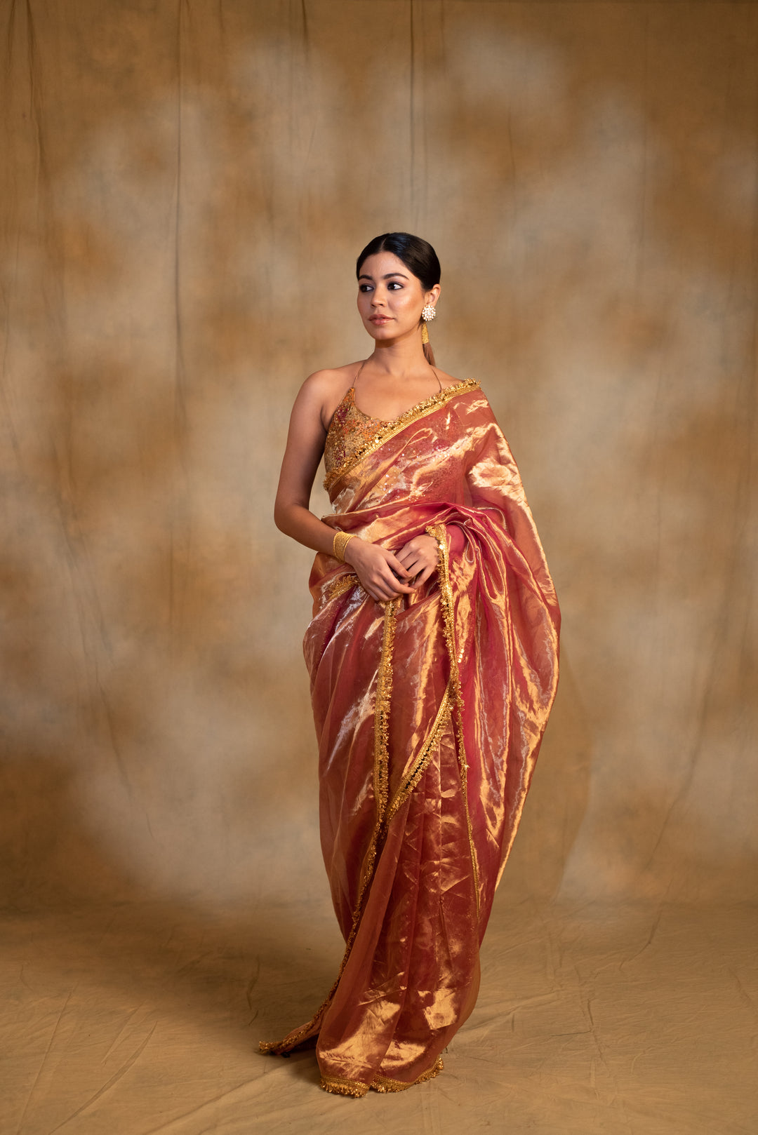 Teej- Pink and Gold Silk Chanderi Tissue Saree