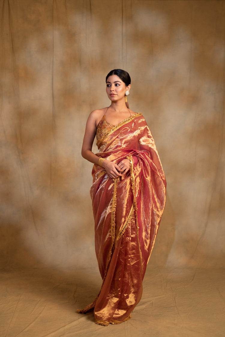 Teej- Pink and Gold Silk Chanderi Tissue Saree