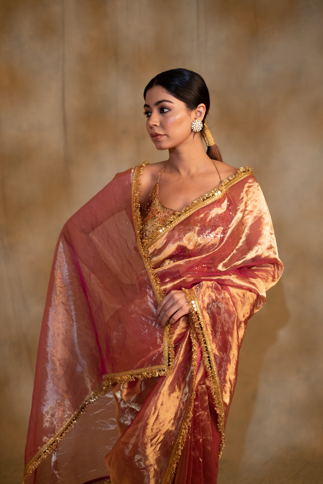 Teej- Pink and Gold Silk Chanderi Tissue Saree