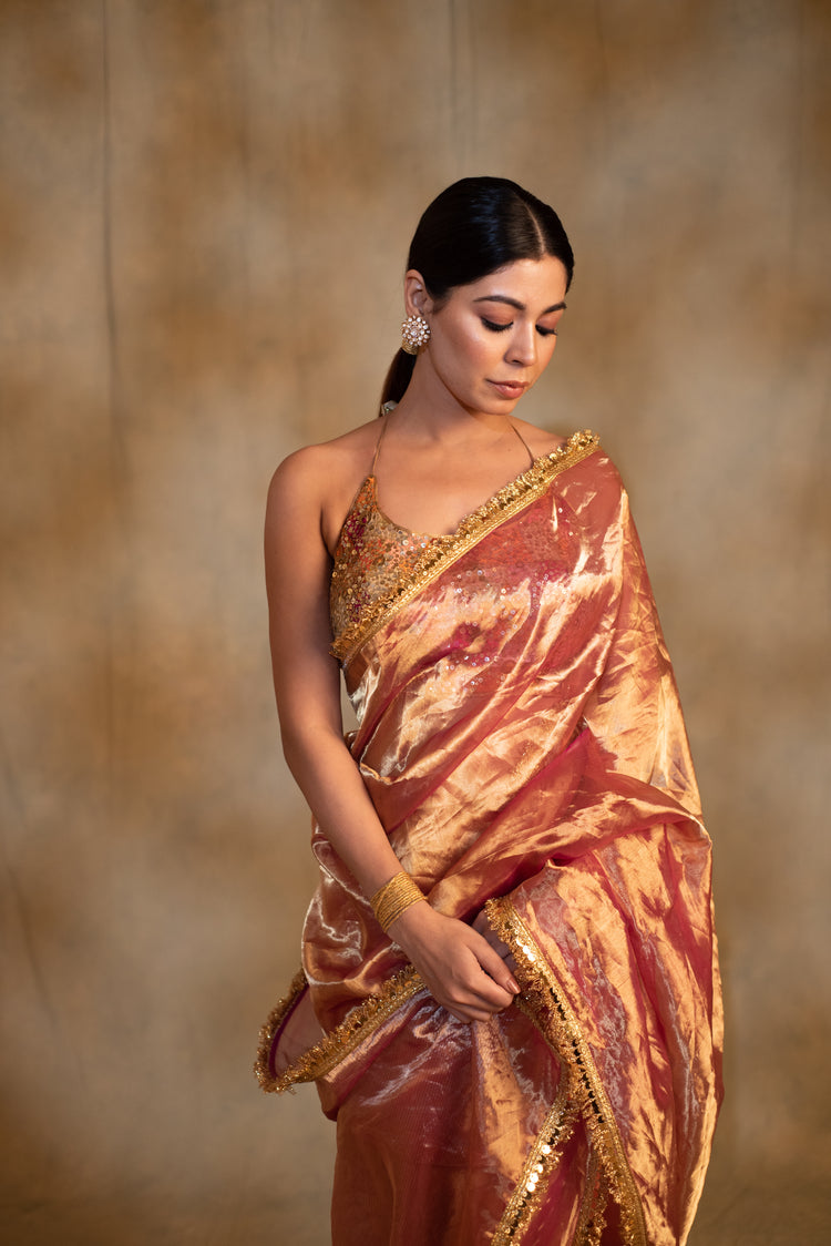 Teej- Pink and Gold Silk Chanderi Tissue Saree