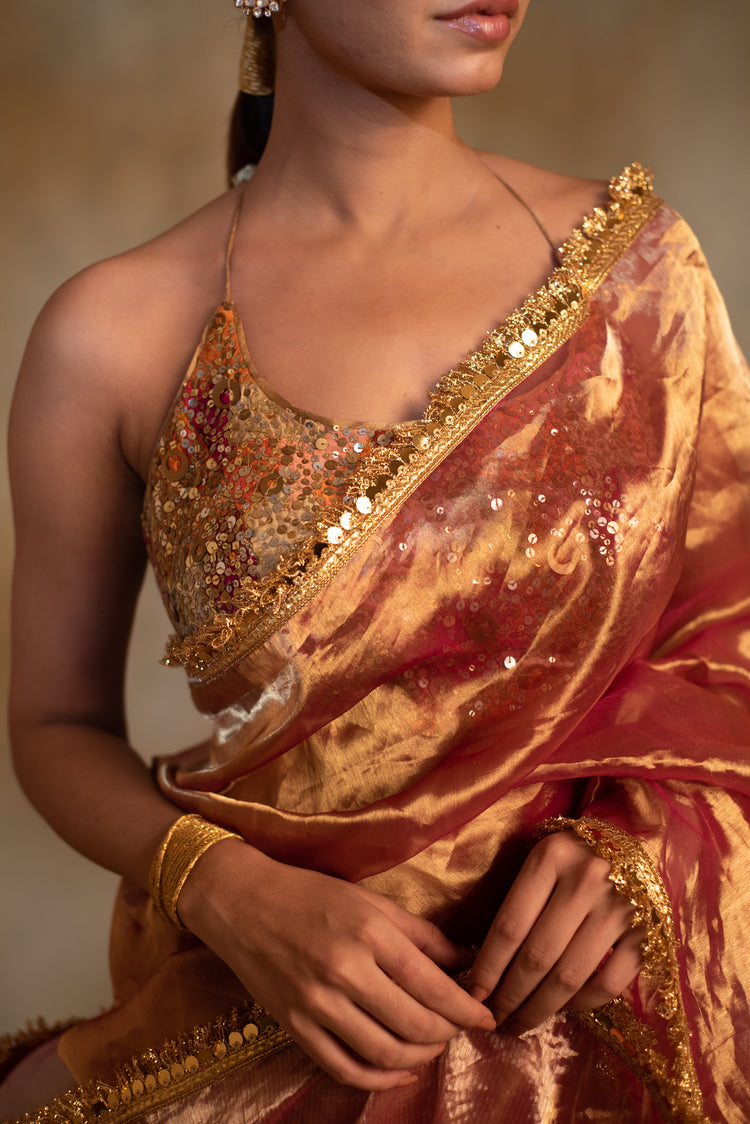 Teej- Pink and Gold Silk Chanderi Tissue Saree