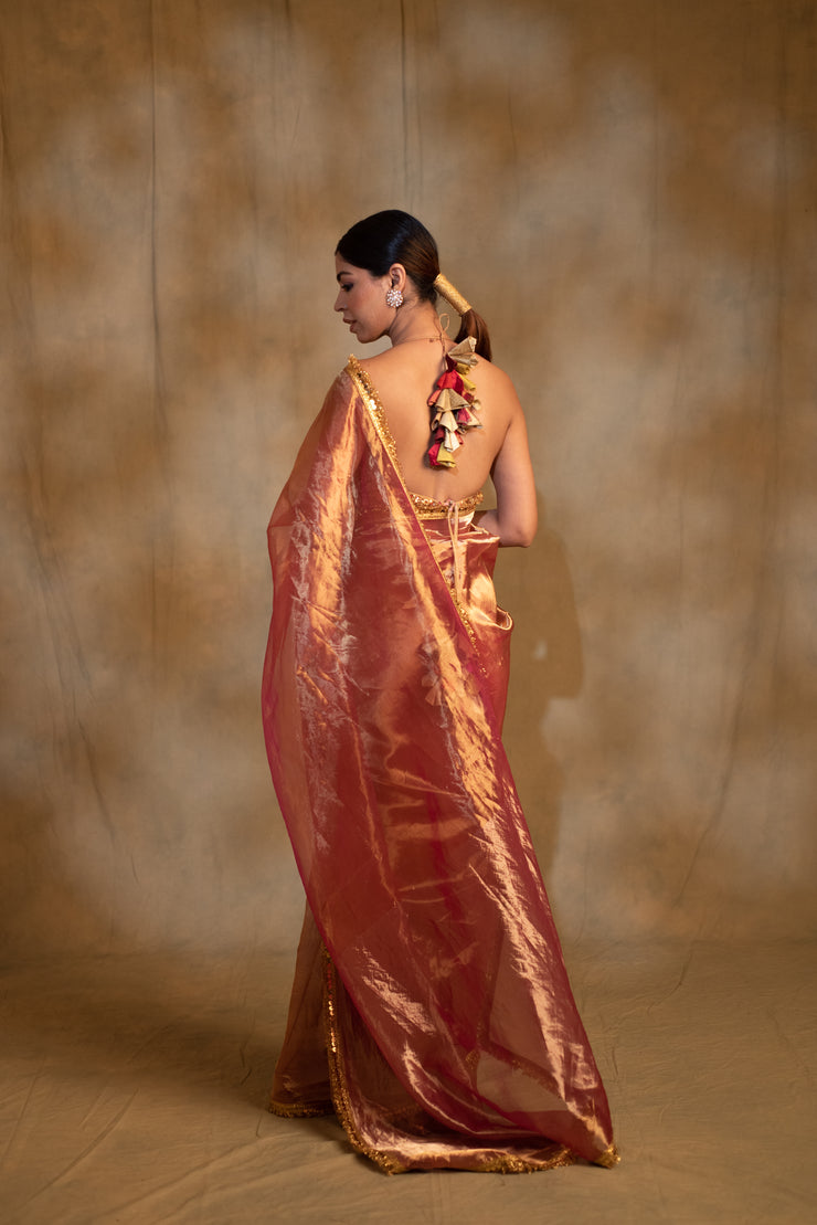 Teej- Pink and Gold Silk Chanderi Tissue Saree