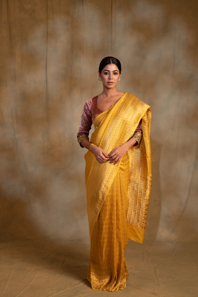Gudi- Cananry Yellow Silk Georgette Banarasi Saree