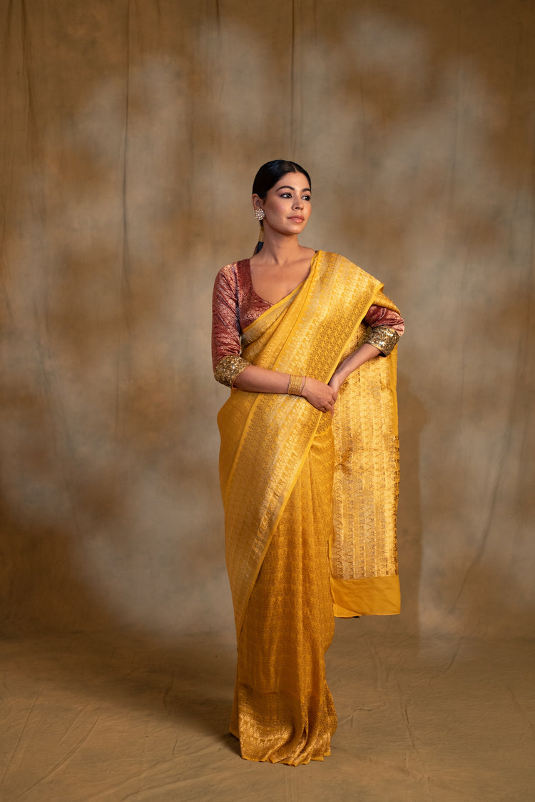 Gudi- Cananry Yellow Silk Georgette Banarasi Saree