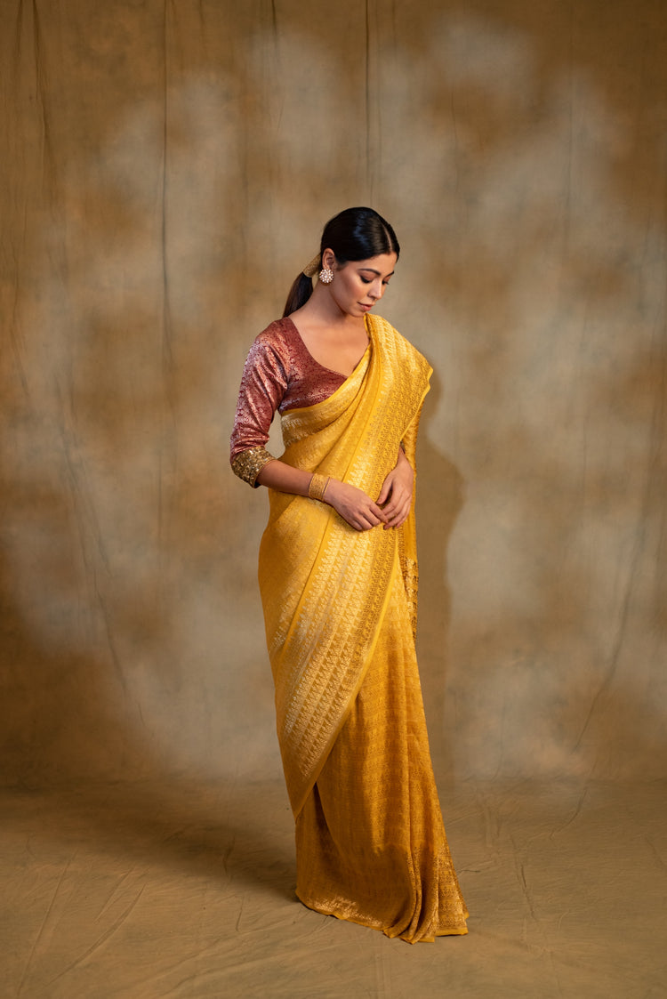 Gudi- Cananry Yellow Silk Georgette Banarasi Saree