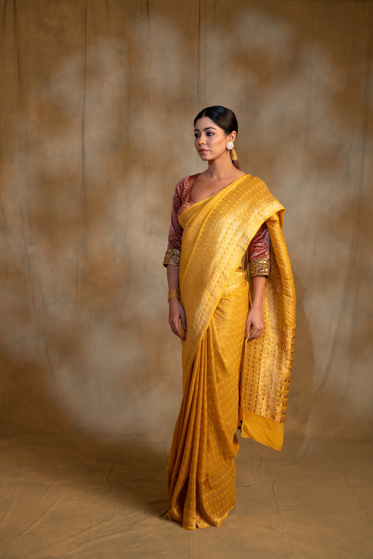 Gudi- Cananry Yellow Silk Georgette Banarasi Saree