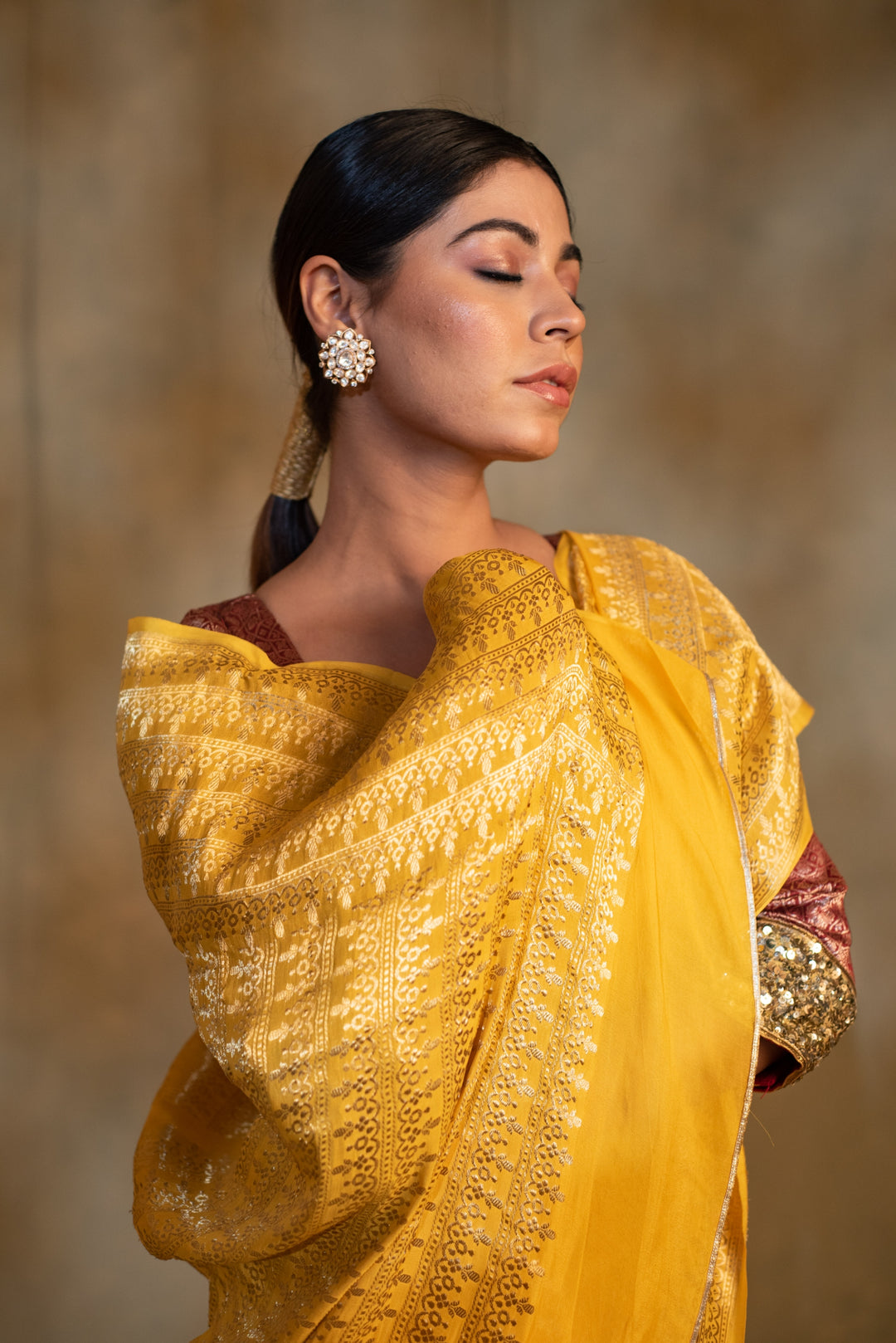 Gudi- Cananry Yellow Silk Georgette Banarasi Saree