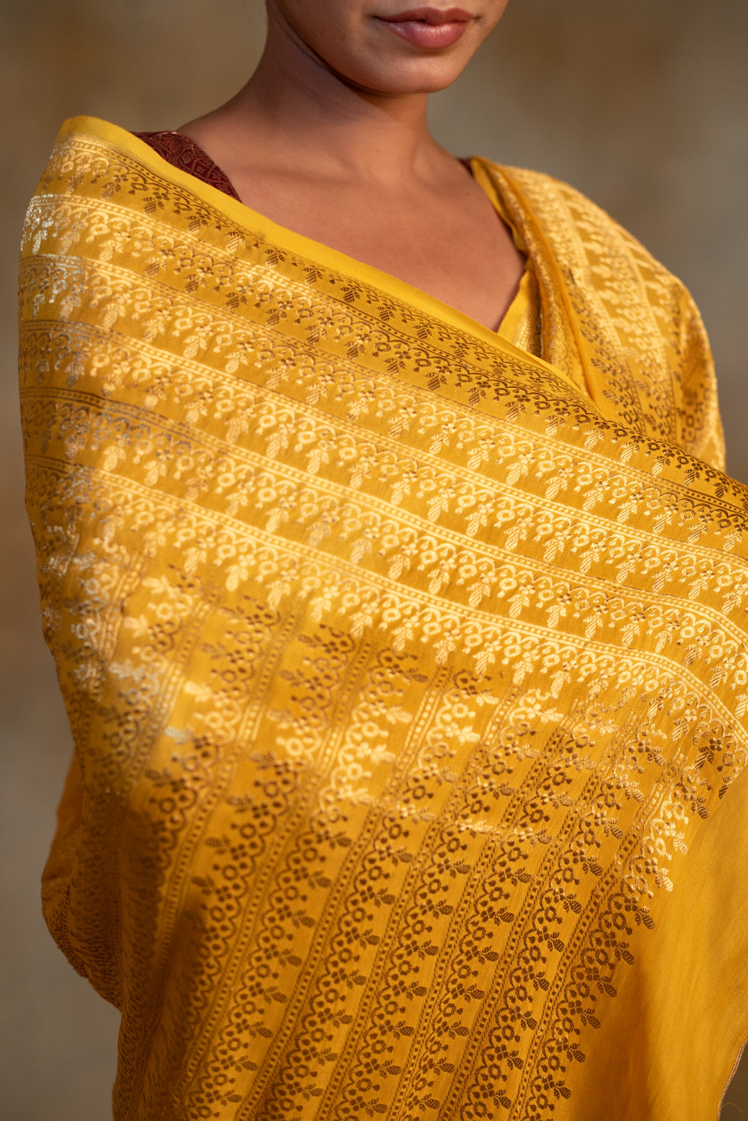 Gudi- Cananry Yellow Silk Georgette Banarasi Saree