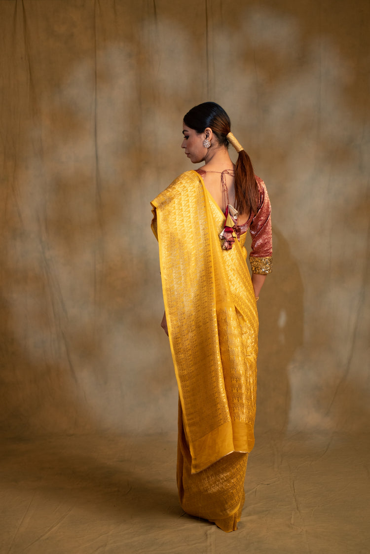 Gudi- Cananry Yellow Silk Georgette Banarasi Saree