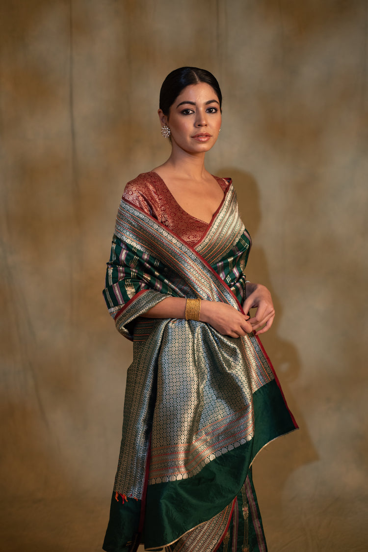 Maghi- Emerald Green Silk Banarasi Saree