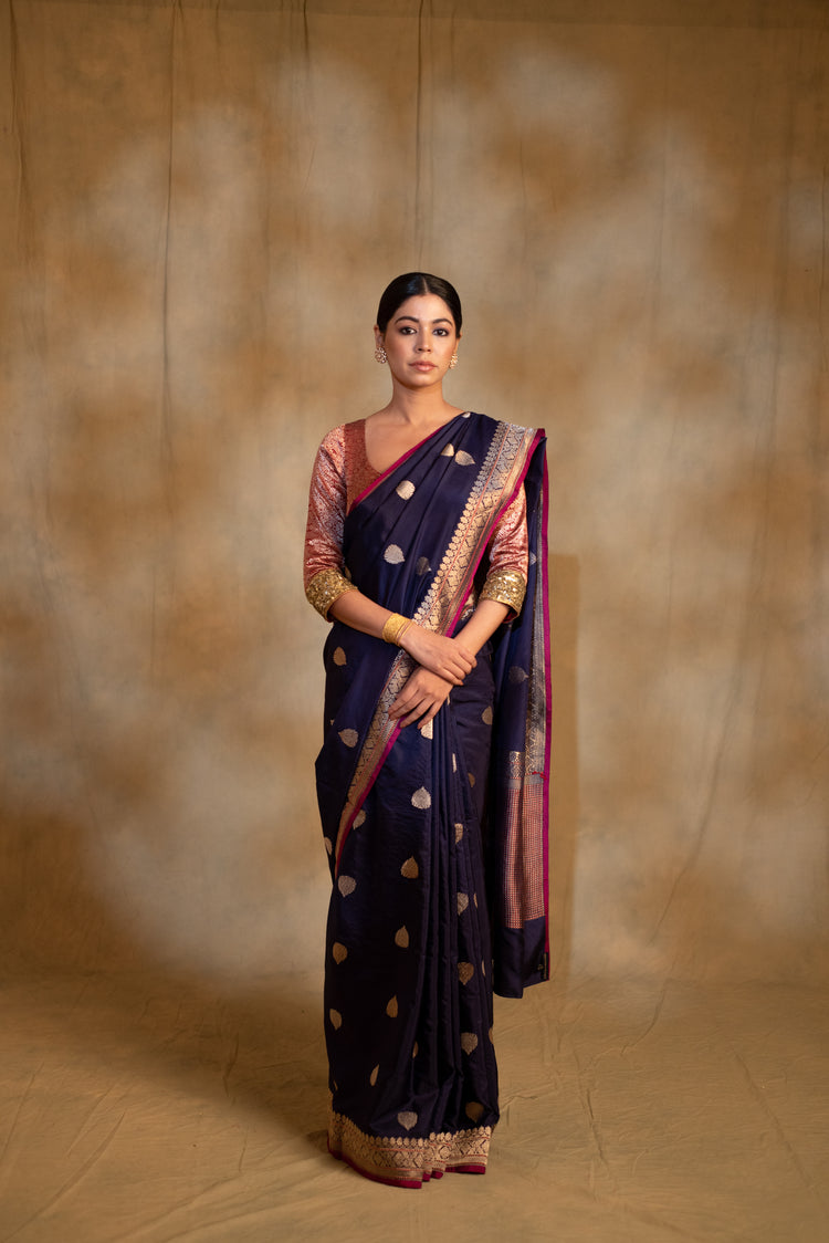 Arshiya- Navy Blue Silk Brocade Banarasi Saree