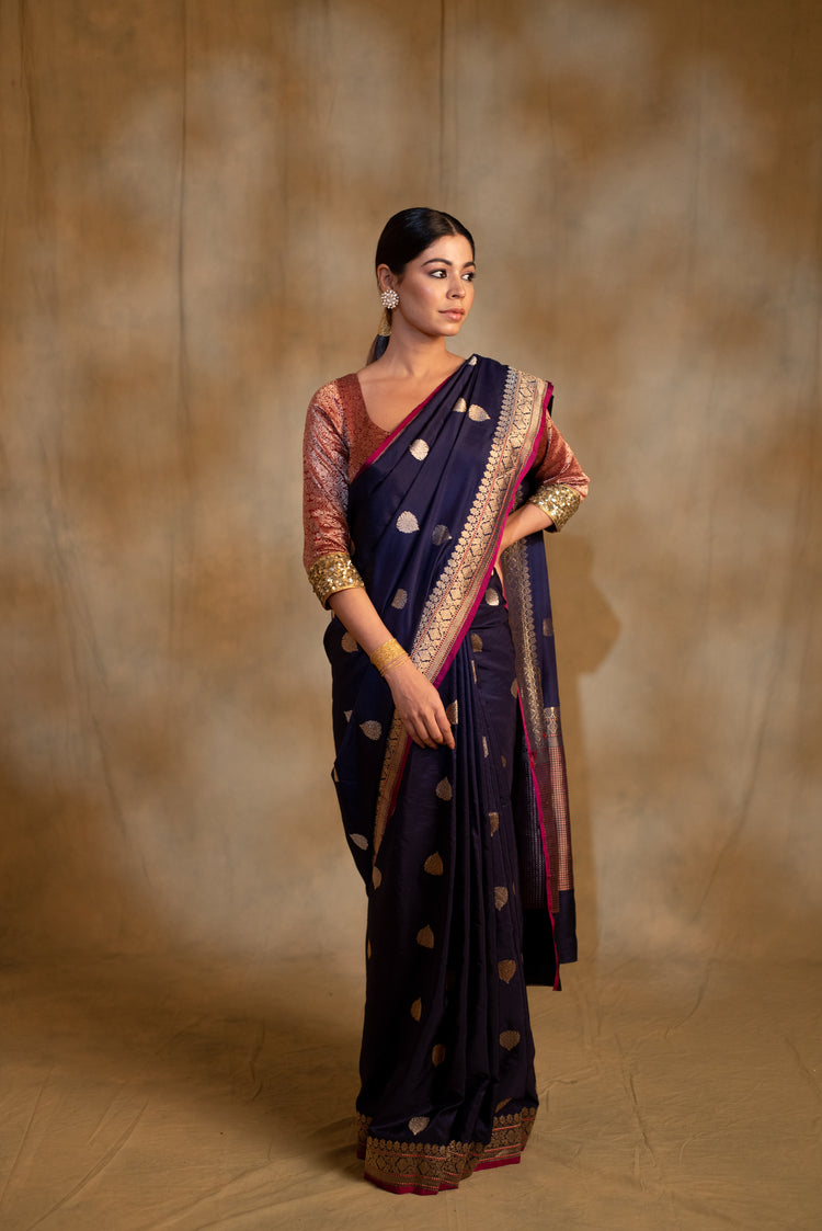 Arshiya- Navy Blue Silk Brocade Banarasi Saree