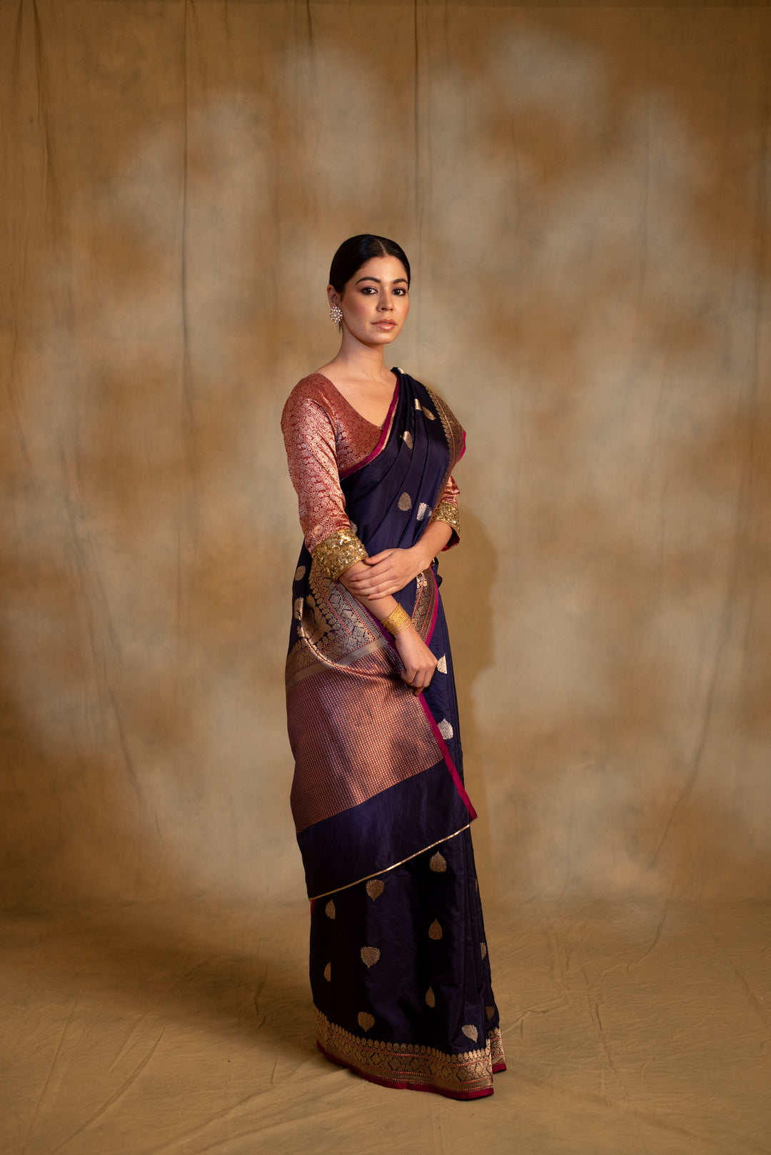 Arshiya- Navy Blue Silk Brocade Banarasi Saree