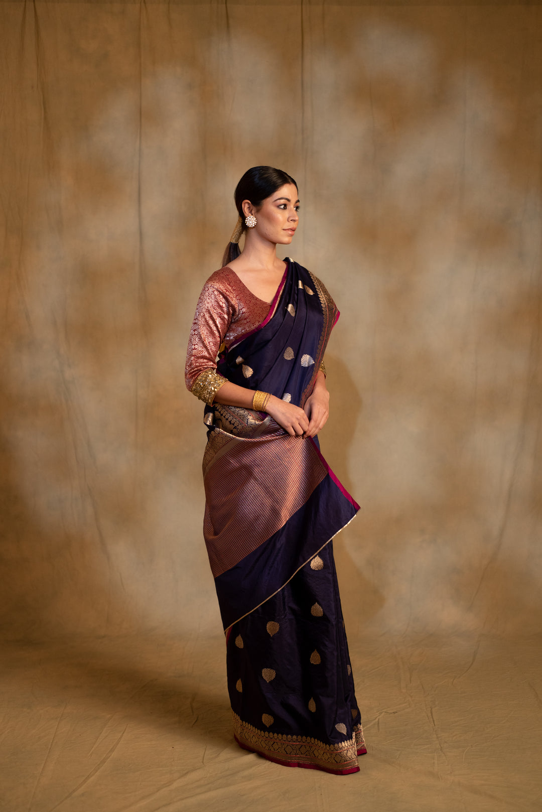 Arshiya- Navy Blue Silk Brocade Banarasi Saree