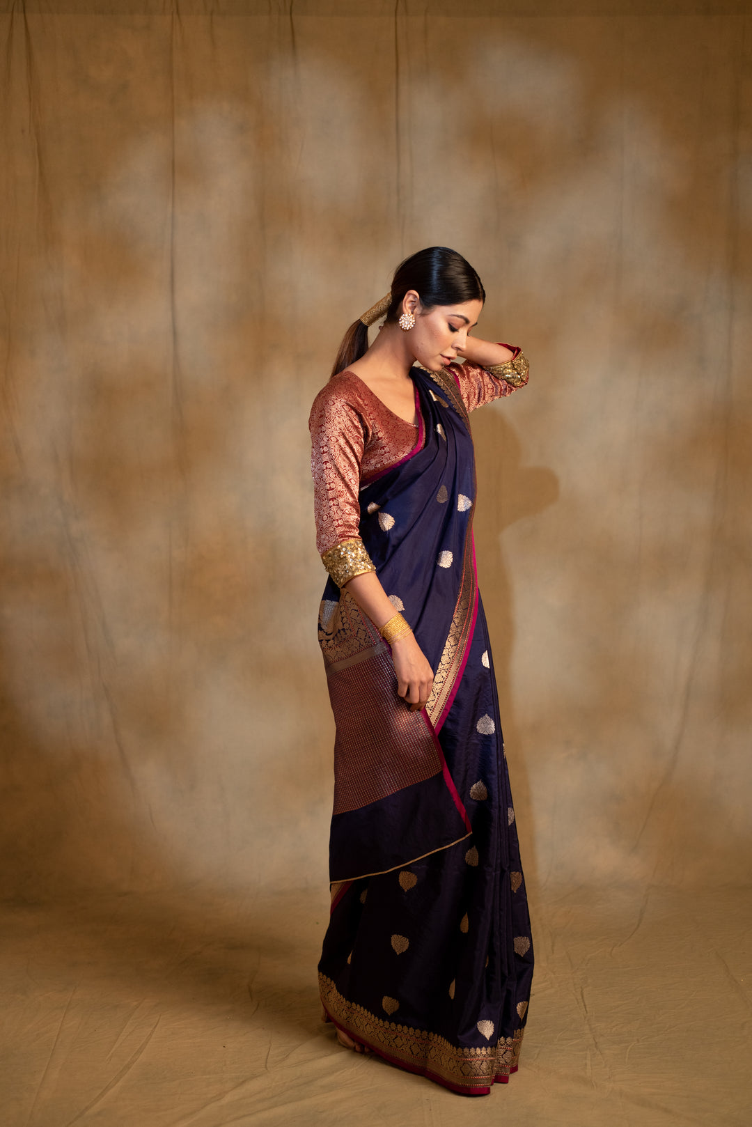 Arshiya- Navy Blue Silk Brocade Banarasi Saree