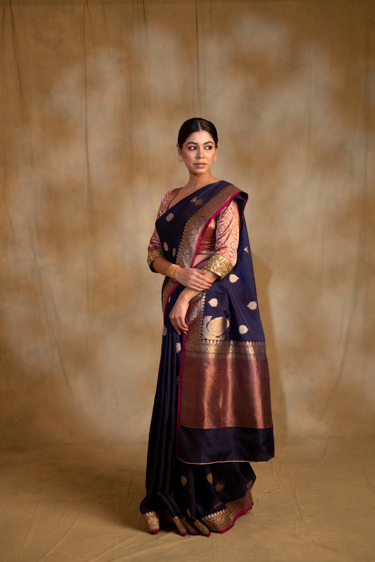 Arshiya- Navy Blue Silk Brocade Banarasi Saree