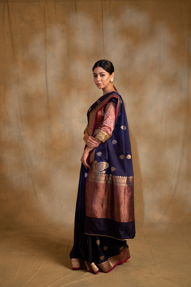 Arshiya- Navy Blue Silk Brocade Banarasi Saree