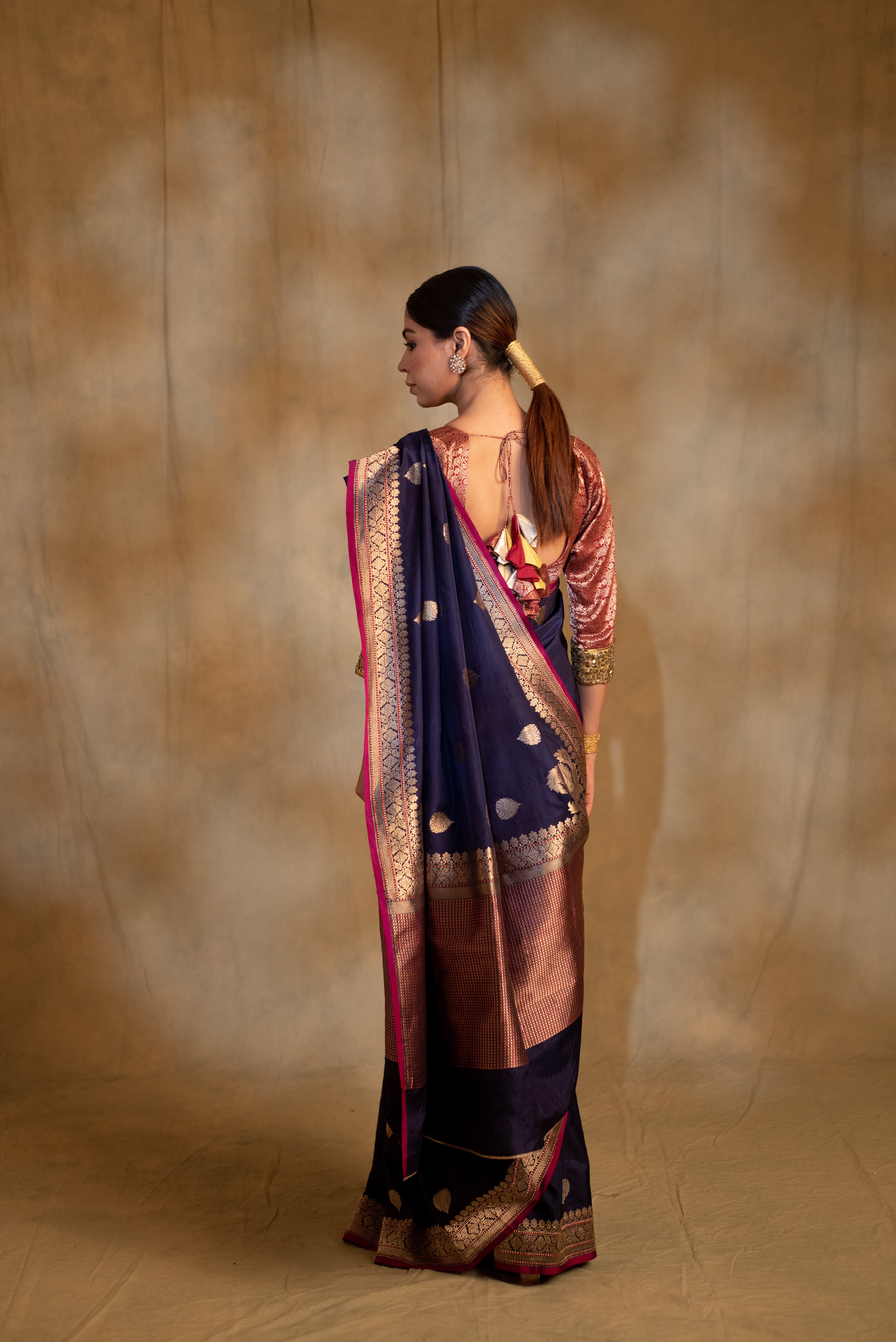 Arshiya- Navy Blue Silk Brocade Banarasi Saree